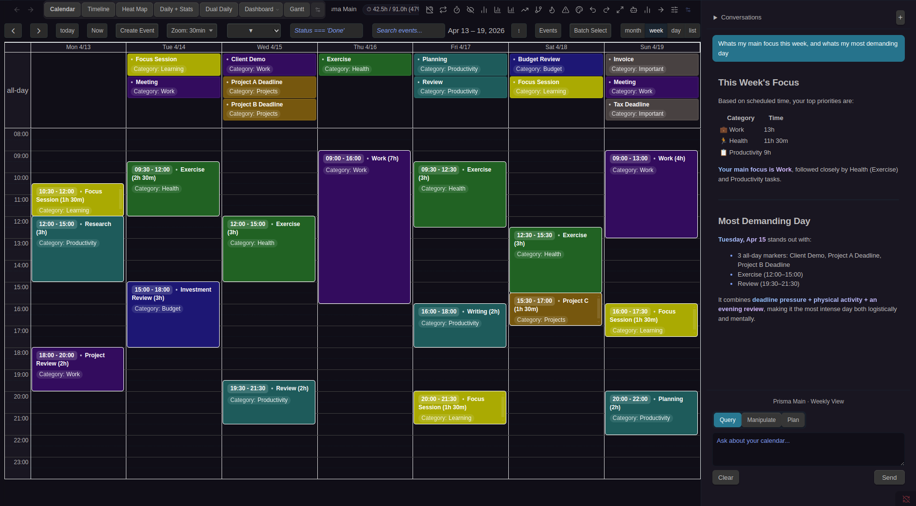 Prisma Calendar — AI Chat panel