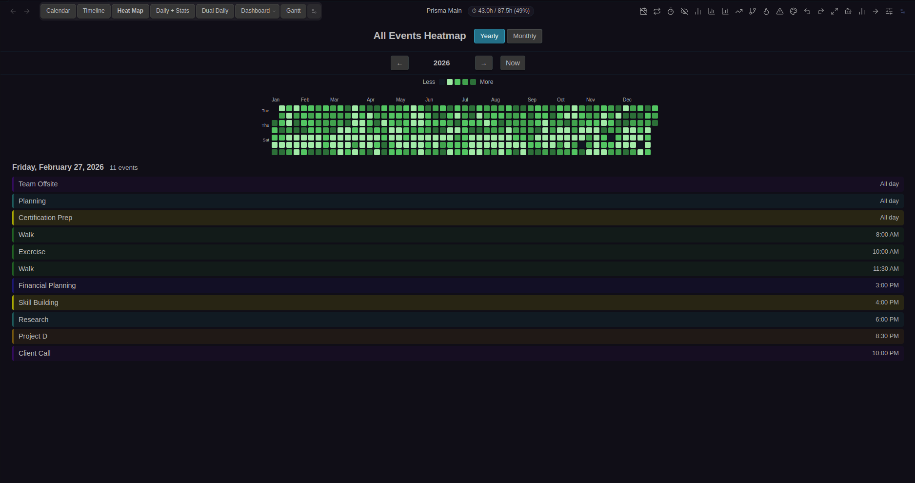 Prisma Calendar — Activity heatmap